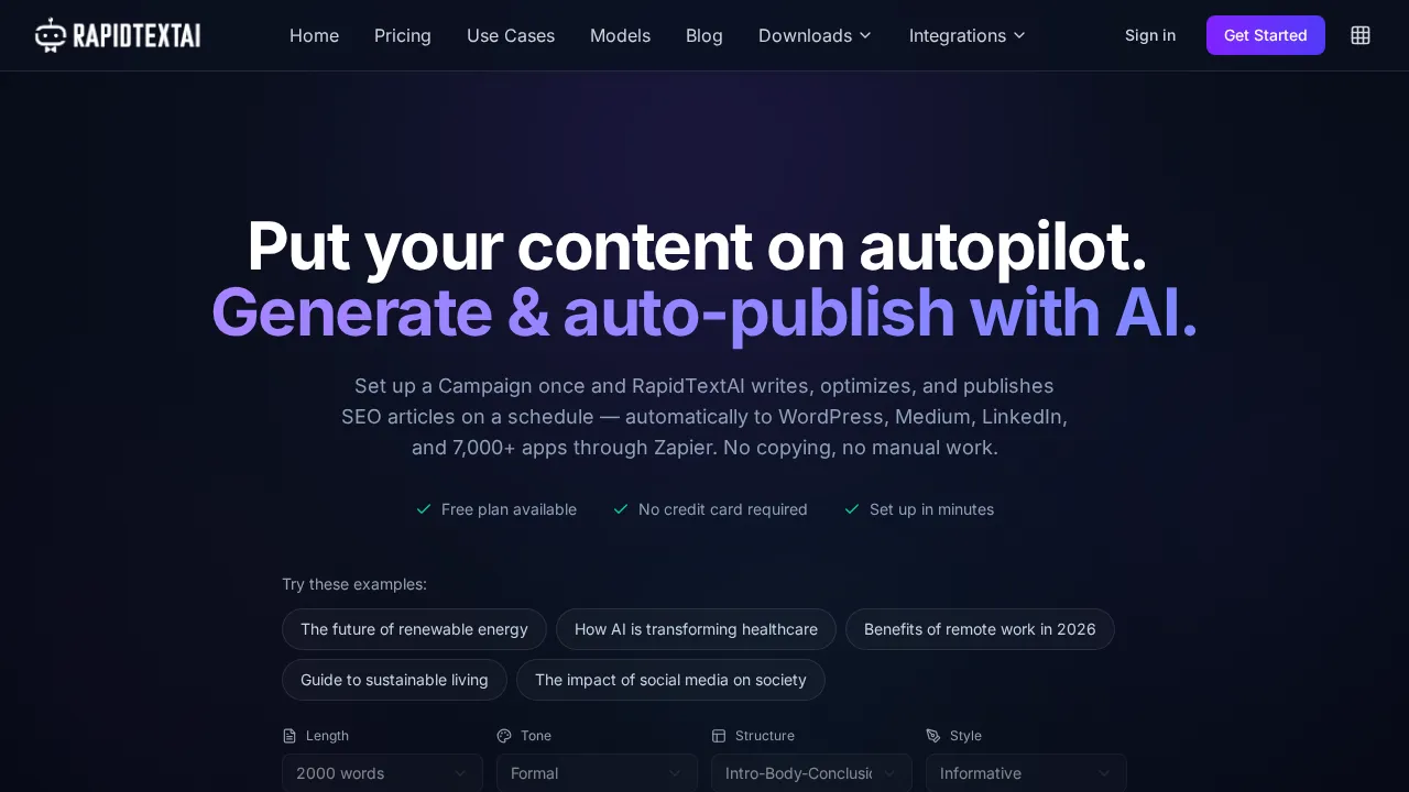 Screenshot of RapidTextAI website