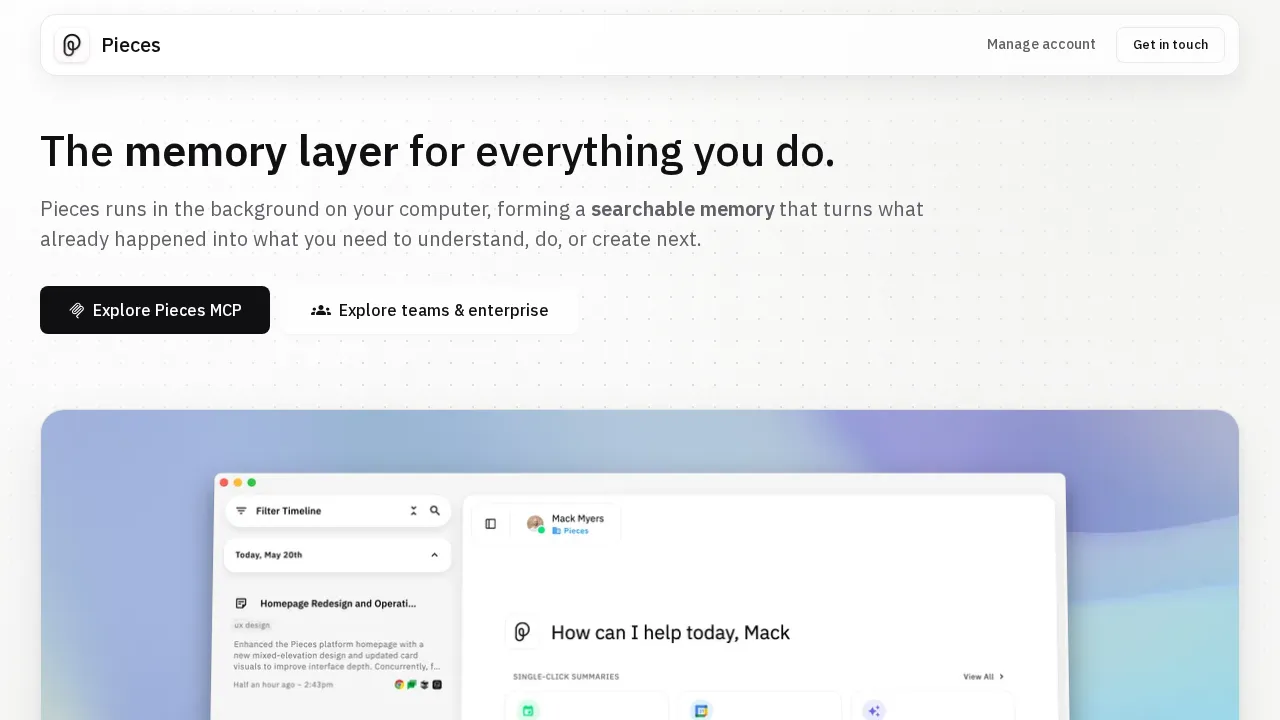 Screenshot of Pieces website