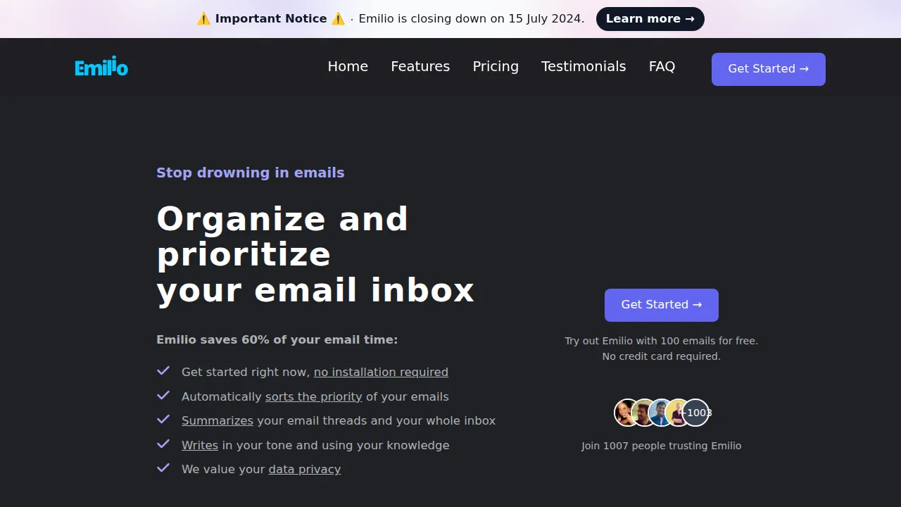 Screenshot of Emilio website